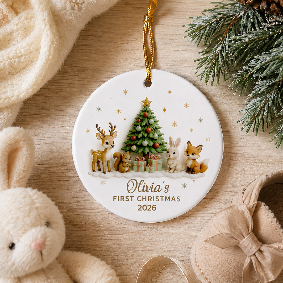 Baby’s First Christmas Tree & Woodland Animals 2D Flat - Personalized Ceramic Ornament - New Baby Christmas Keepsake
