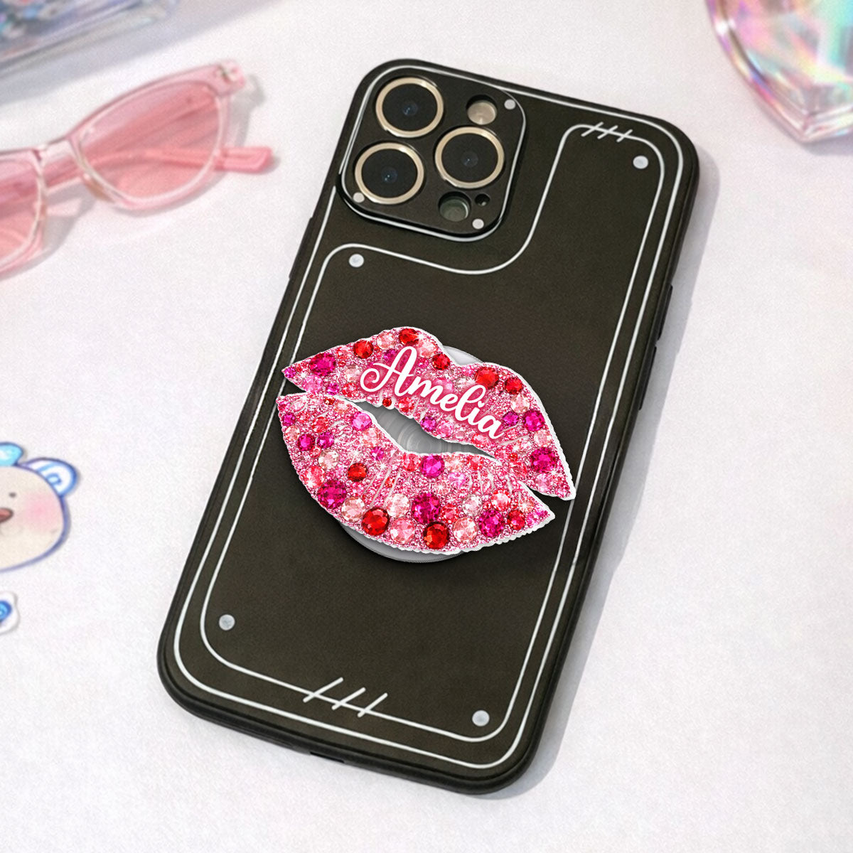 3D Effect Kiss Valentine - Personalized Acrylic Magnetic Phone Grip - Anniversary, Valentine's Day Gift, Gift For Her