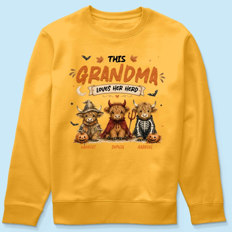 Grandma's Little Spooky Herd Halloween Costume Highland Cows - Personalized Shirt - Halloween Gift For Grandma