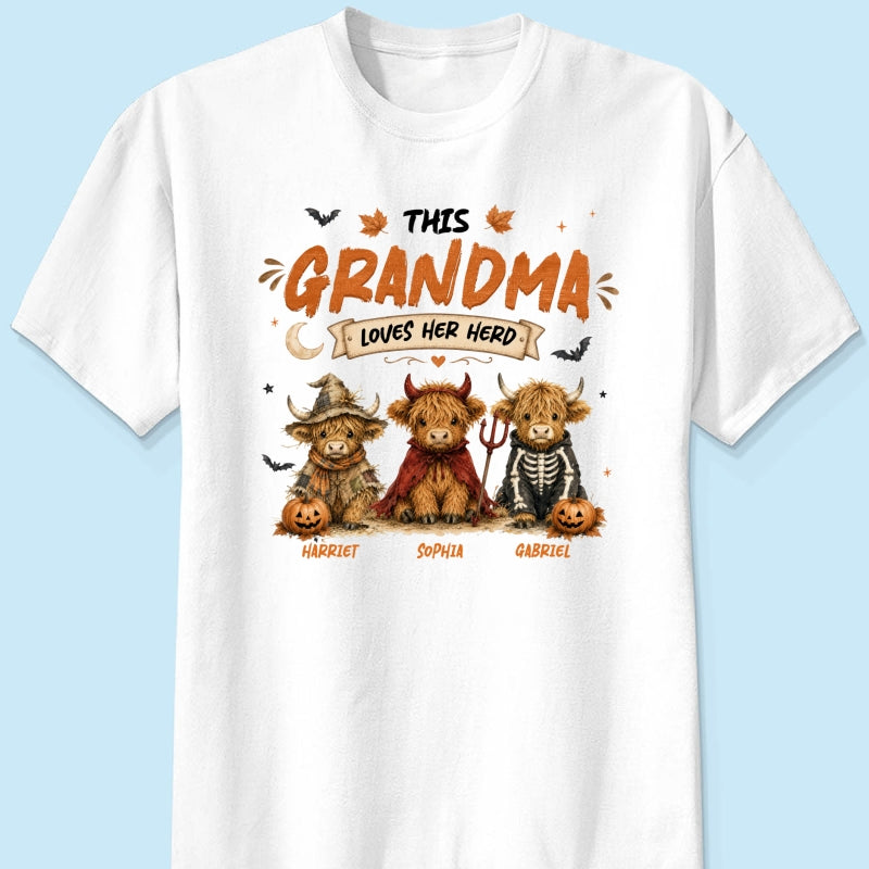 Grandma's Little Spooky Herd Halloween Costume Highland Cows - Personalized Shirt - Halloween Gift For Grandma