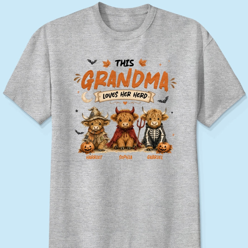 Grandma's Little Spooky Herd Halloween Costume Highland Cows - Personalized Shirt - Halloween Gift For Grandma