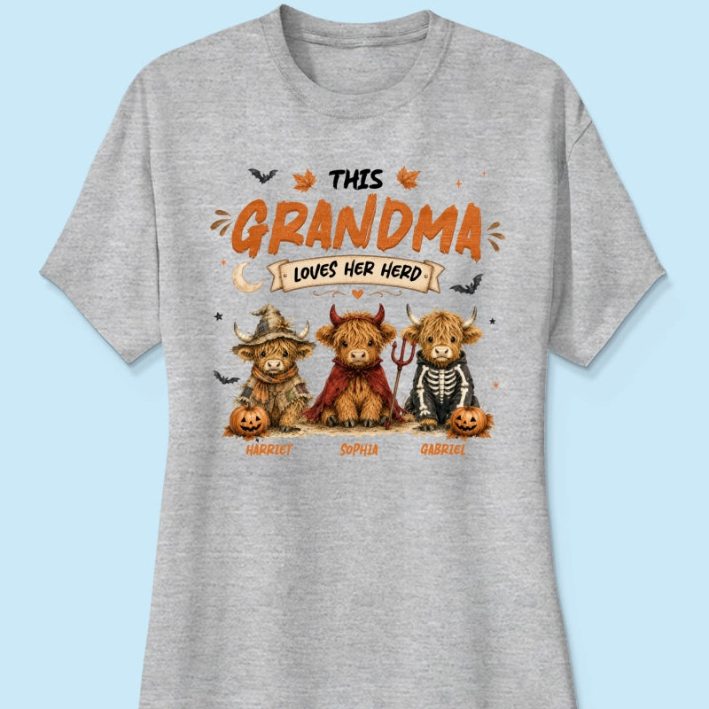 Grandma's Little Spooky Herd Halloween Costume Highland Cows - Personalized Shirt - Halloween Gift For Grandma
