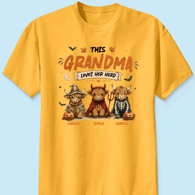 Grandma's Little Spooky Herd Halloween Costume Highland Cows - Personalized Shirt - Halloween Gift For Grandma