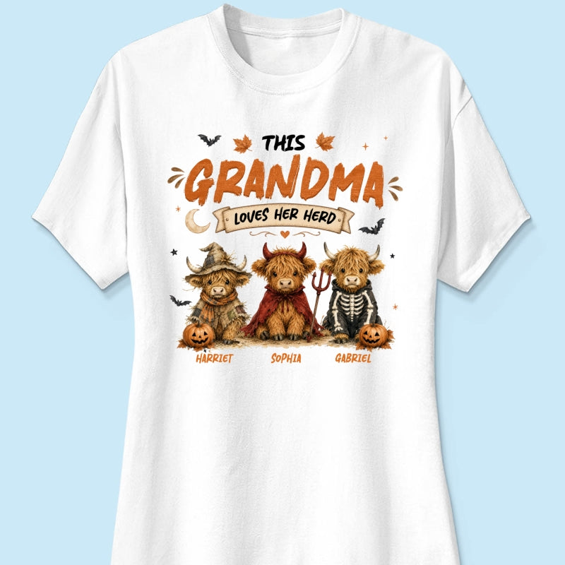 Grandma's Little Spooky Herd Halloween Costume Highland Cows - Personalized Shirt - Halloween Gift For Grandma