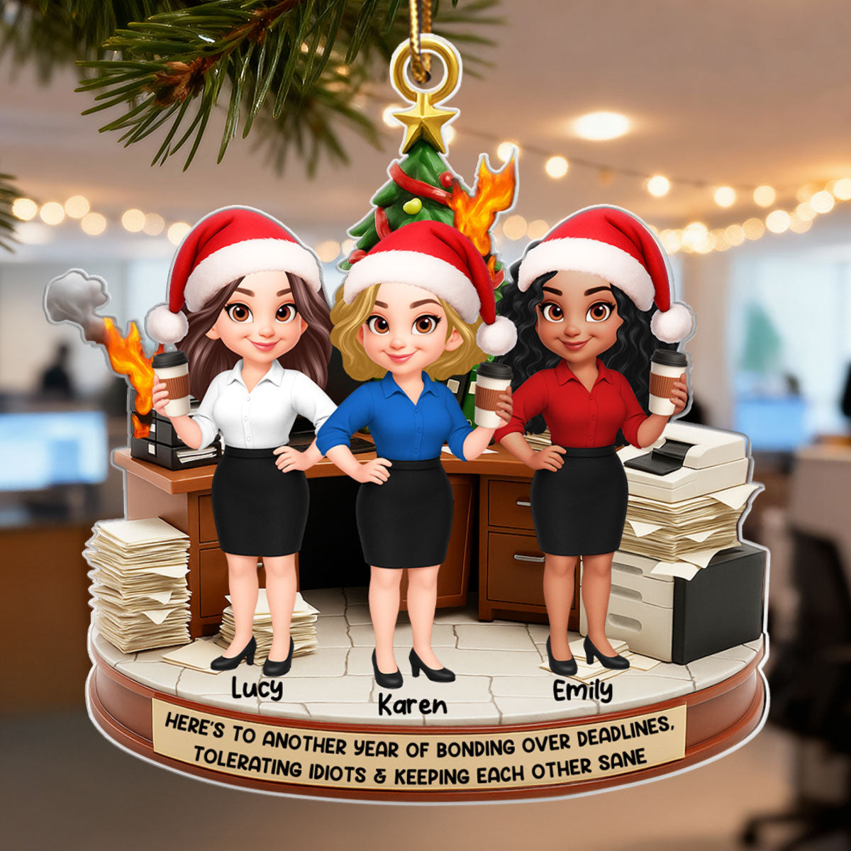 Here's to a Year Bonding over Deadlines - Personalized Acrylic Ornament - Funny Christmas Gift for Coworkers, White Elephant, Secret Santa Gift