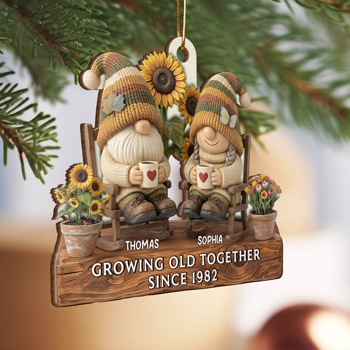 3D Effect Vintage Gnome Couple Grow Old Together - Personalized Wooden Ornament