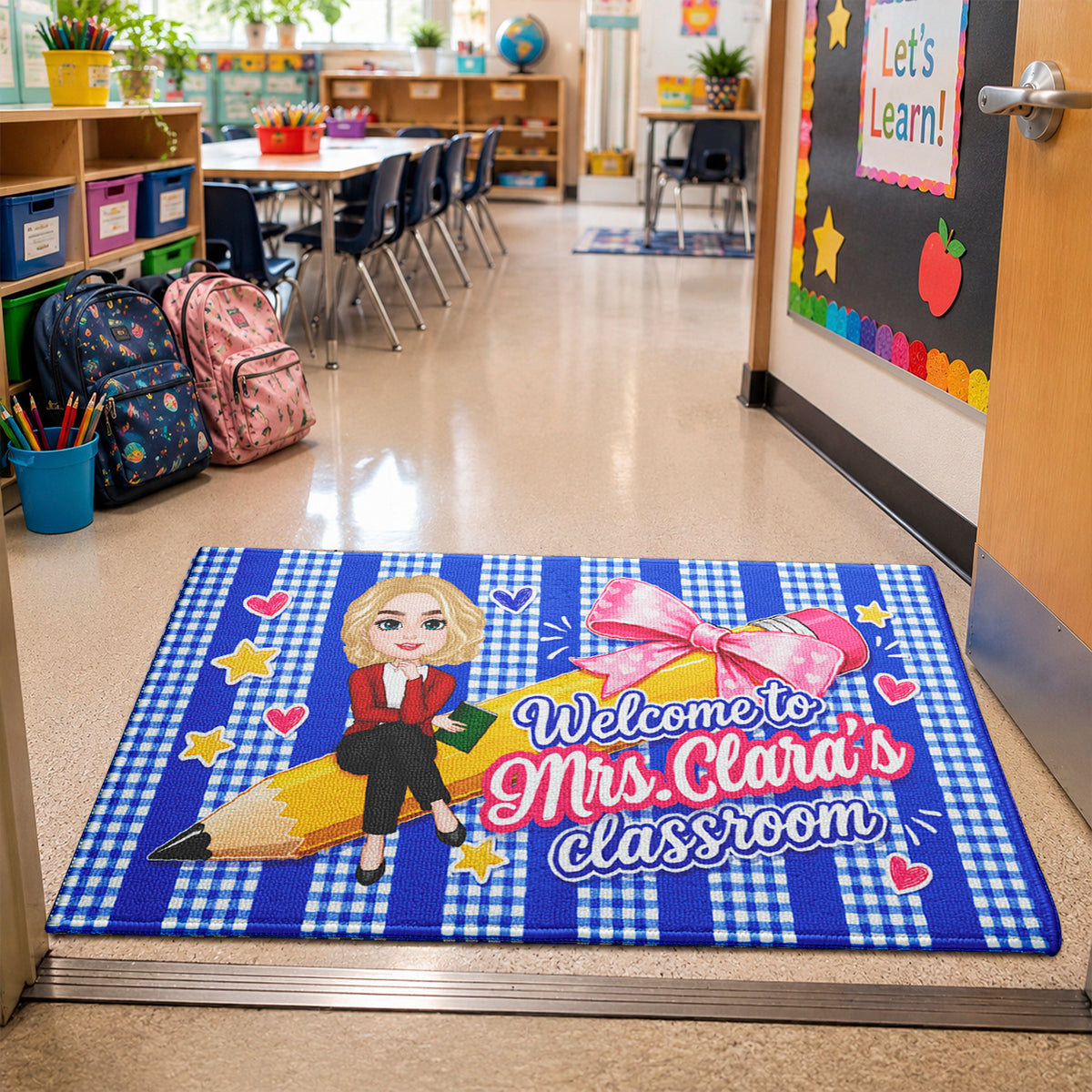 Welcome to Teacher's Classroom Pencil Bow - Personalized Doormat - Back to School Decor for Teacher