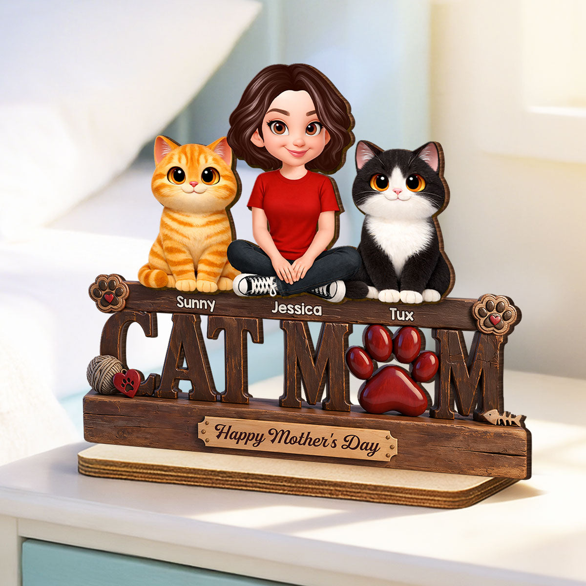 Cat Mom Cute Fluffy Cats Happy Mother's Day - Personalized 2-Layered Wooden Plaque - Mother's Day Gift For Cat Mom