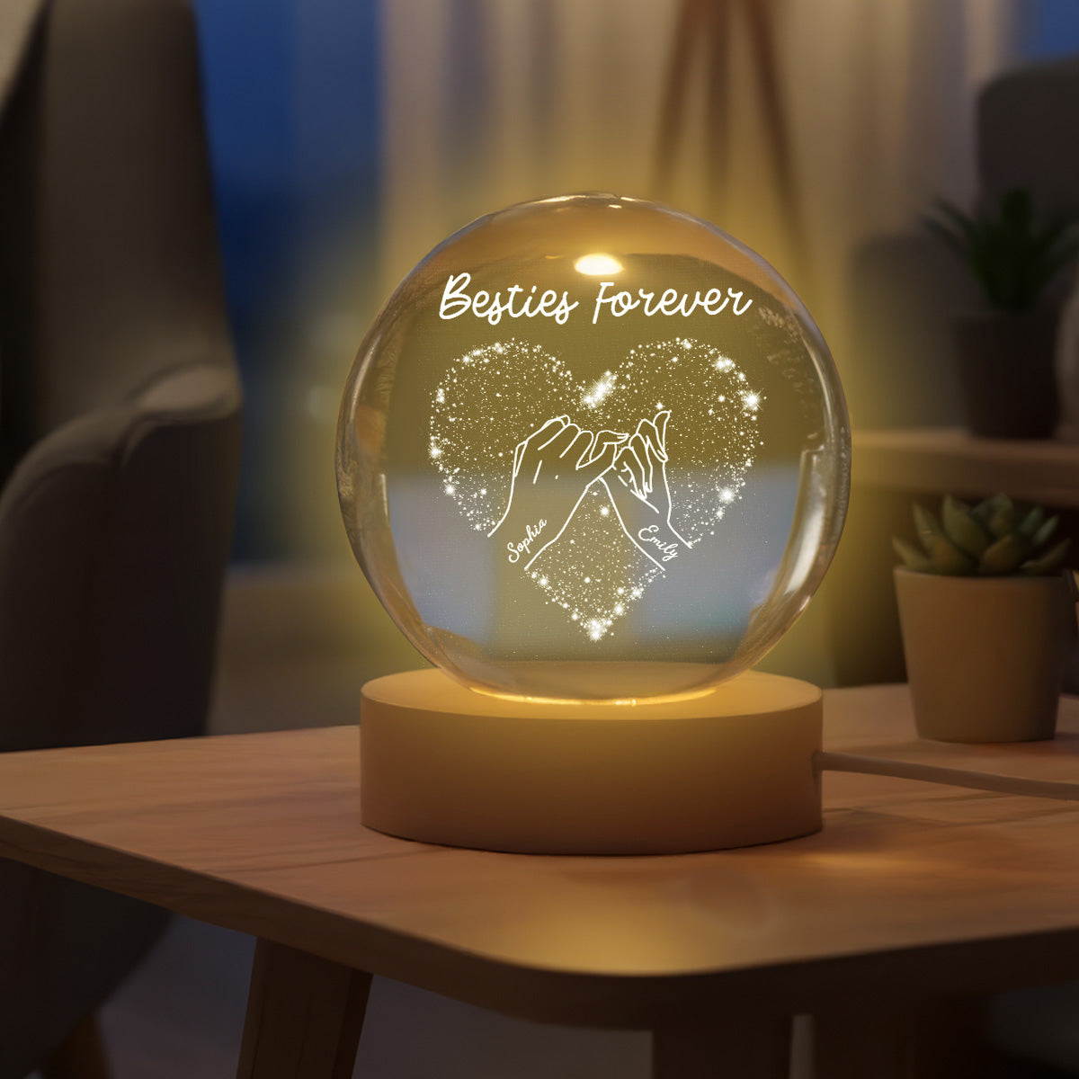 Besties Forever Pinky Promise - Personalized Crystal Ball LED Night Light - Gift For Best Friends