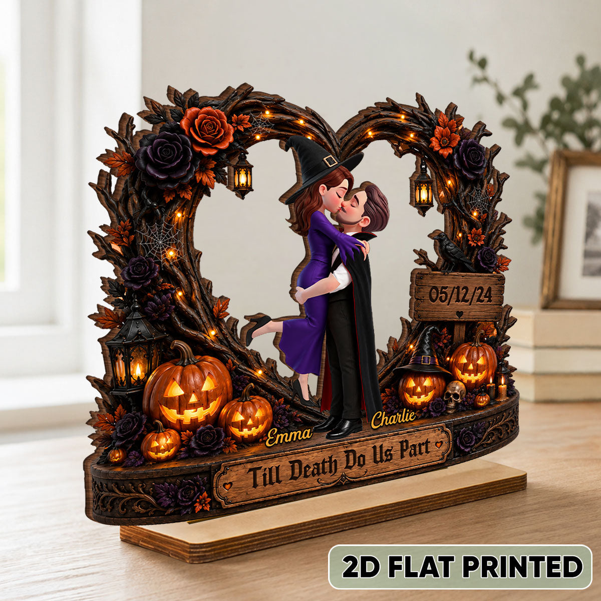 Spooky Couple Heart Till Death Do Us Part - Personalized 2-Layered Wooden Plaque - Halloween Decor Gift, Gift For Couple
