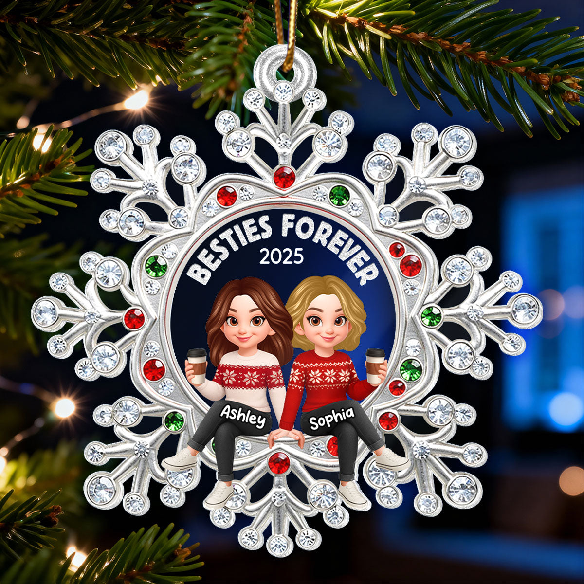 Besties Sitting on Snowflake - Personalized Acrylic Ornament - Christmas GIft for Besties
