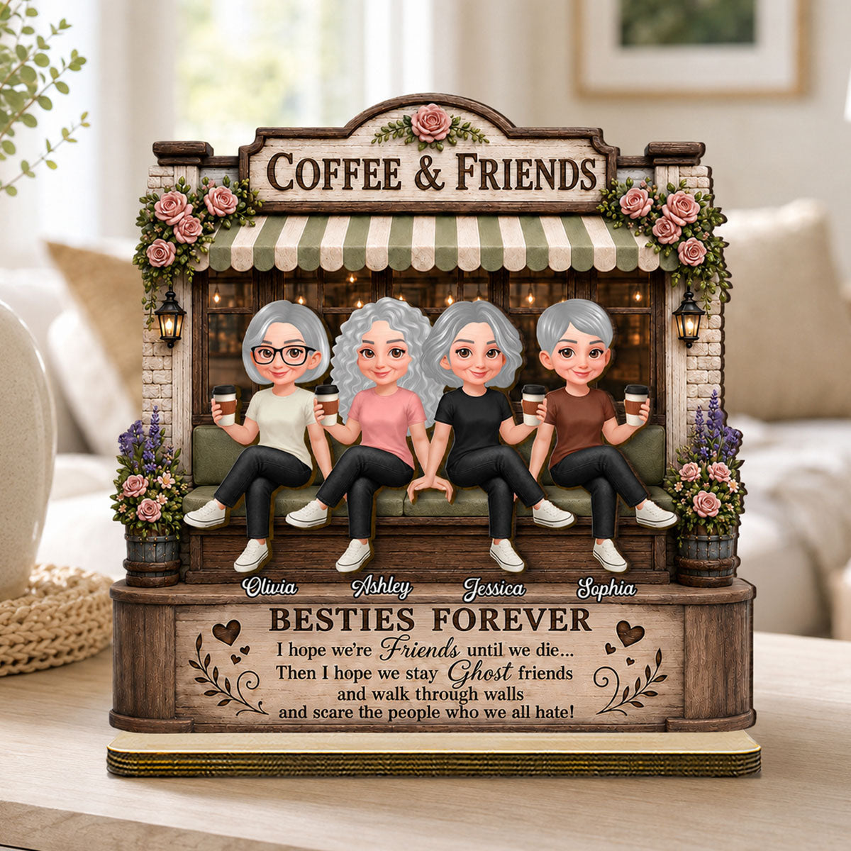 Besties Forever Coffeeshop Best Memories Together - Personalized 2-Layered Wooden Plaque - Birthday Gift, Gift For Best Friends