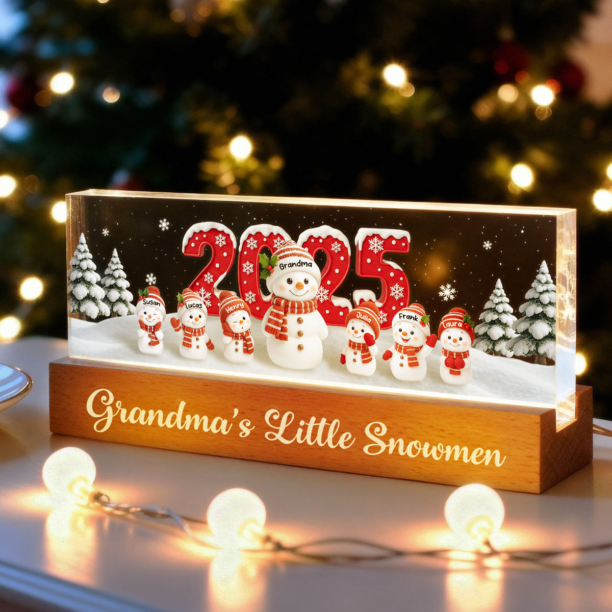 Grandma's Little Snowmen - Personalized Acrylic Block LED Night Light - Christmas Gift for Grandma
