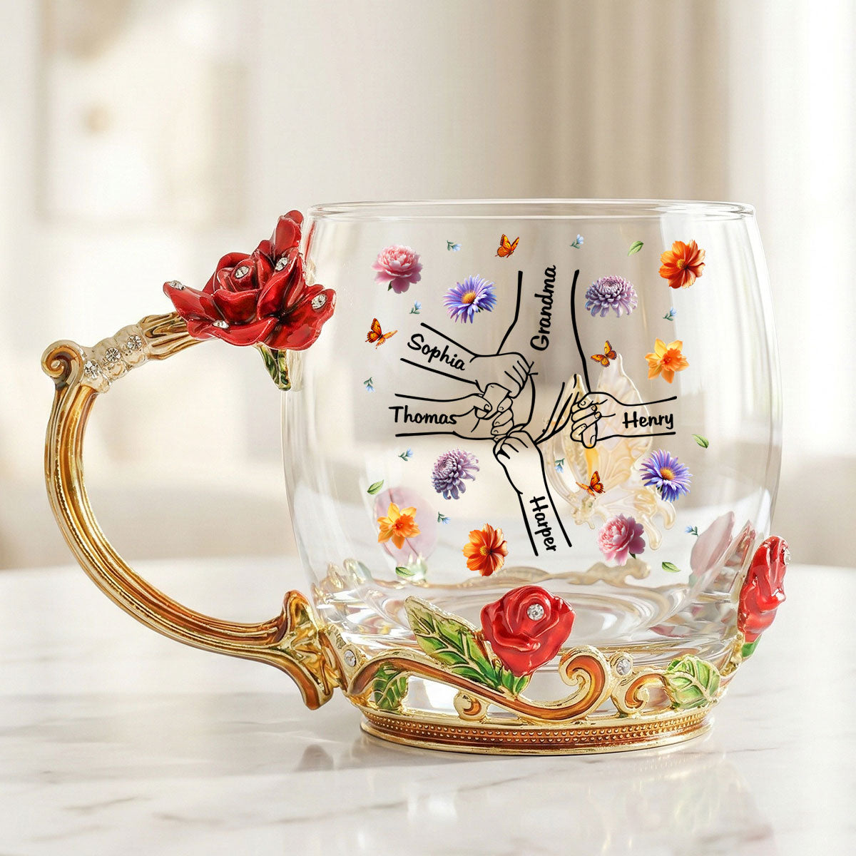 Grandma Mom Holding Kids Hands Birth Month Flowers - Personalized Enamel Flower Tea Cup - Gift For Grandma, Mom