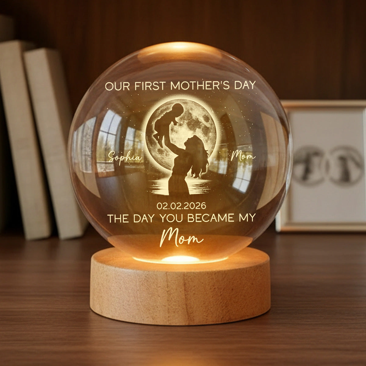 Custom Moon Phase First Mother's Day The Day You Became My Mom - Personalized Crystal Ball LED Night Light - First Mother's Day Gift For New Mom