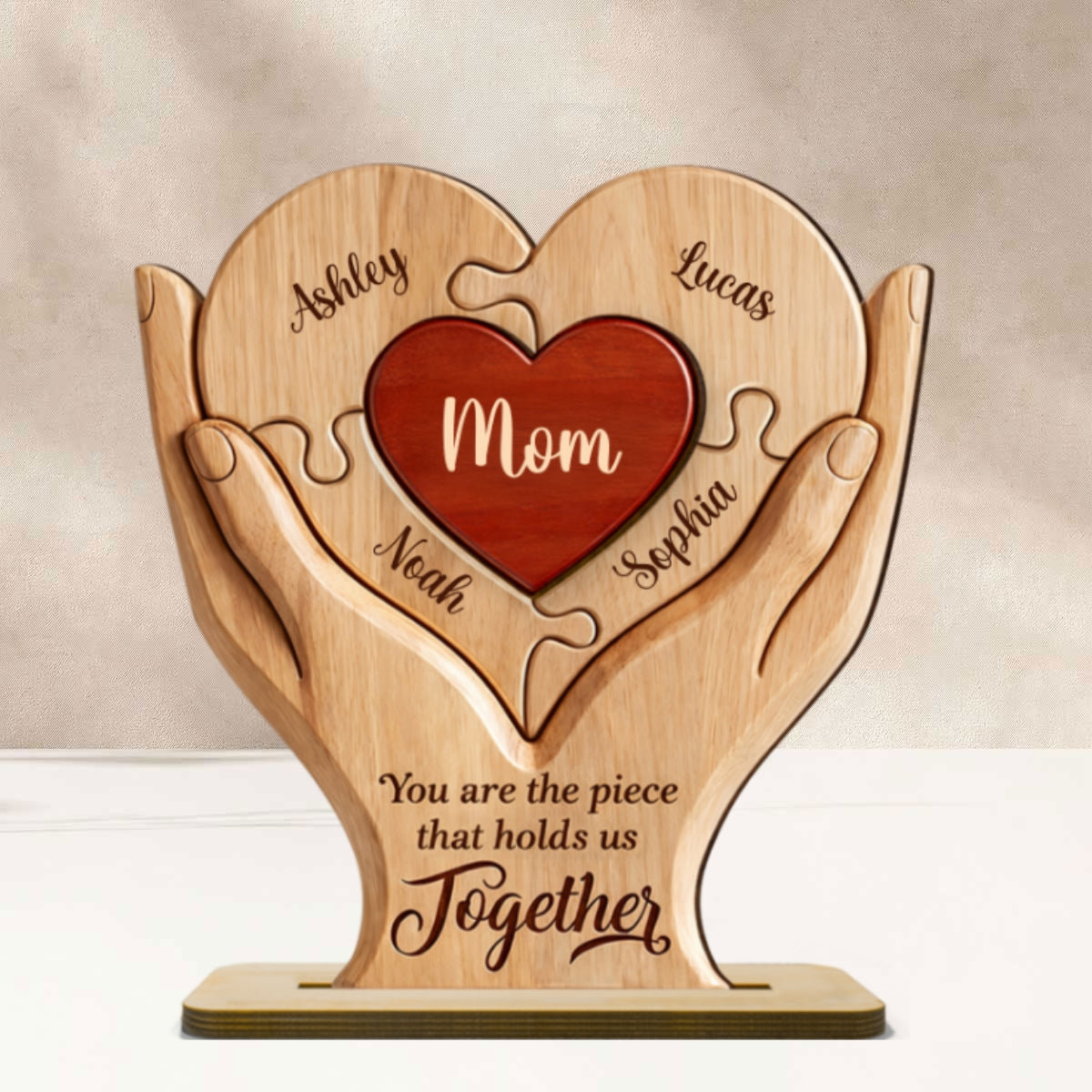 Mom The Piece That Holds Us Together - Personalized 2-Layered Wooden Plaque - Mother's Day Gift for Mom, Wife