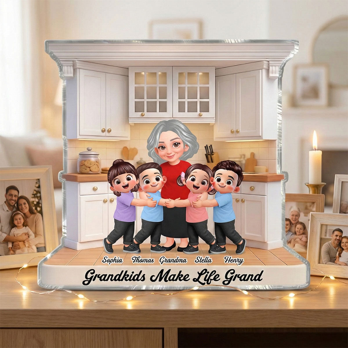 Grandma And Grandkids Happy Together In The Kitchen - Personalized Acrylic Block Plaque - Gift For Grandma