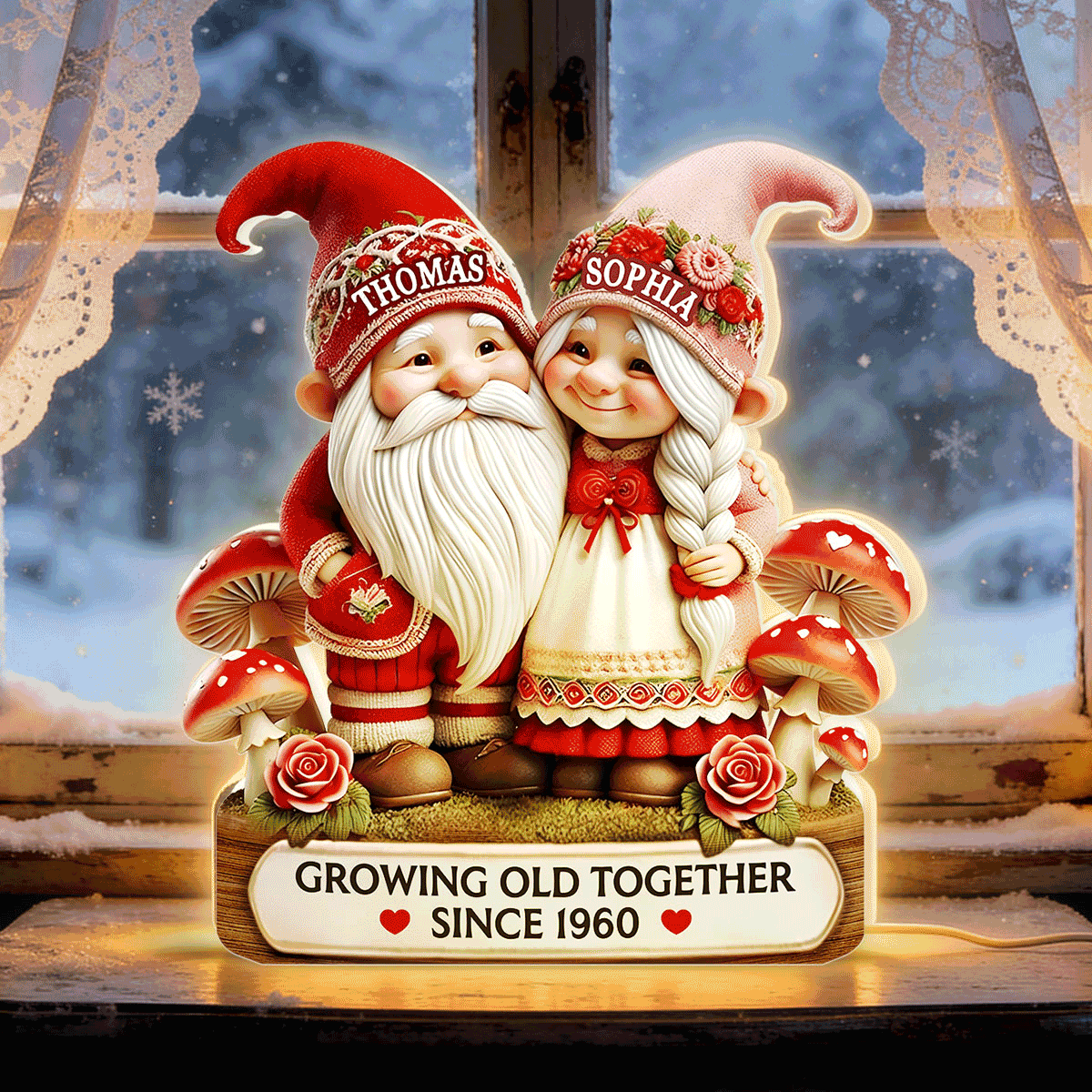 3D Effect Gnome Couple Growing Old Together - Personalized Light Box - Heartfelt Valentine's Day Gift, Anniversary Gift For Couple, For Him, For Her