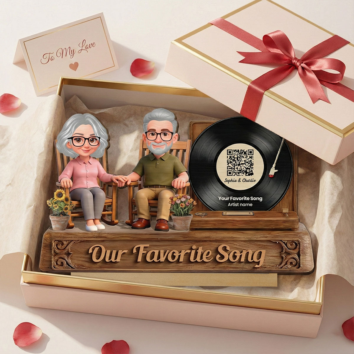 3D Effect Old Couple Sitting On Rocking Chair Favorite Song - Personalized 2-Layered Wooden Plaque