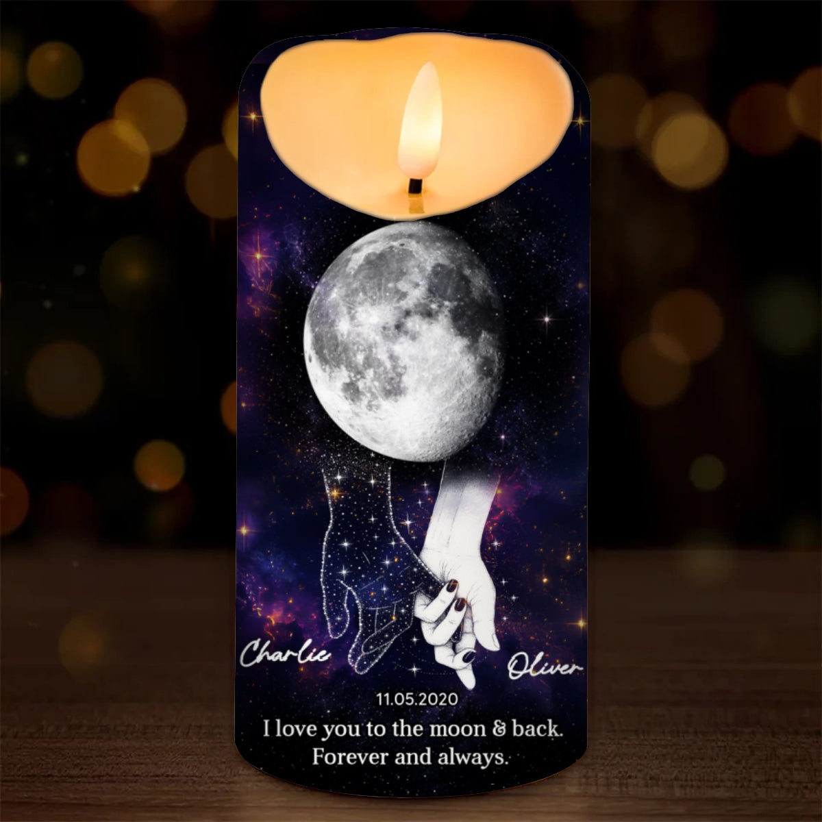 Lost Loved One Holding Hands Moon Phase - Personalized LED Candle - Memorial Gift, Remembrance Keepsake