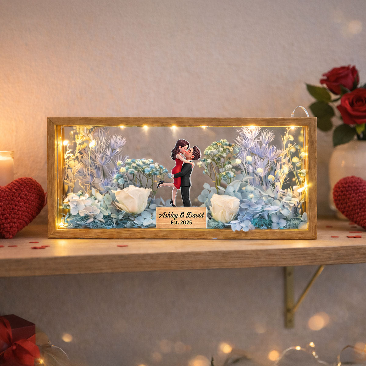 Romantic Couple Hugging Kissing - Personalized DIY Flower Shadow Box LED Night Light - Gift For Couple, For Him, For Her