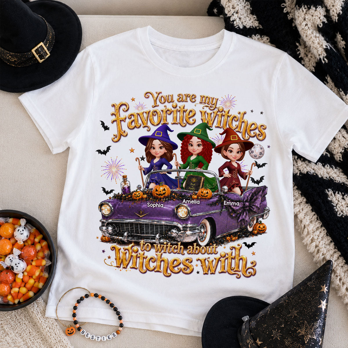 Besties Witch In Car Halloween - Personalized Shirt - Halloween Gift, Gift For Best Friends