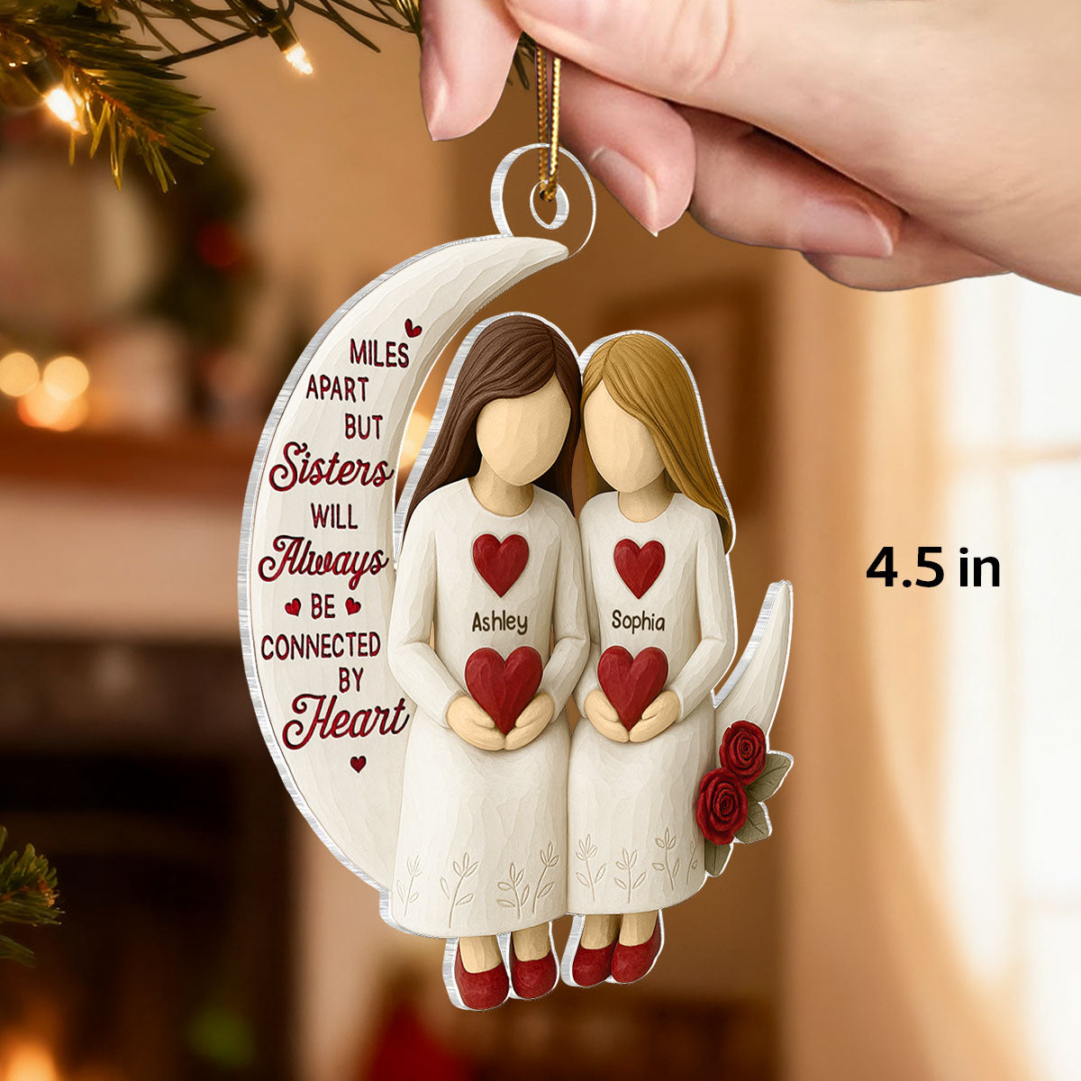 3D Effect Roses Sisters On Moon Wooden Texture - Personalized Acrylic Ornament - Christmas Gift For Sisters