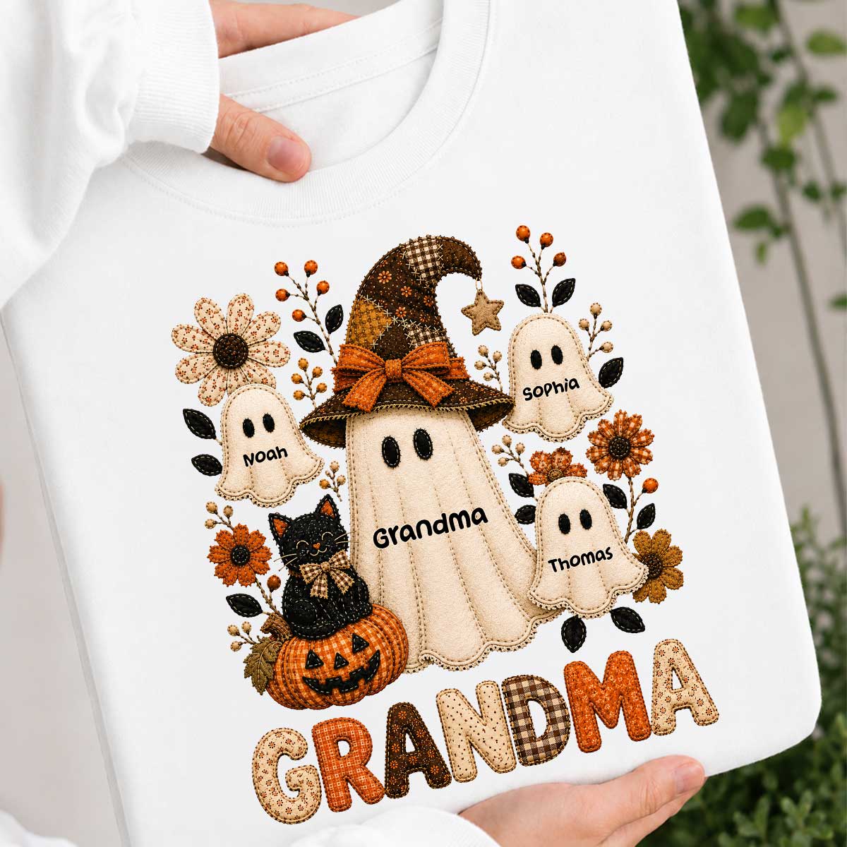 Cute Grandma Boo Witch Fall Season Halloween Faux Patchwork Pattern Coquette - Personalized Shirt - Halloween Gift For Grandma