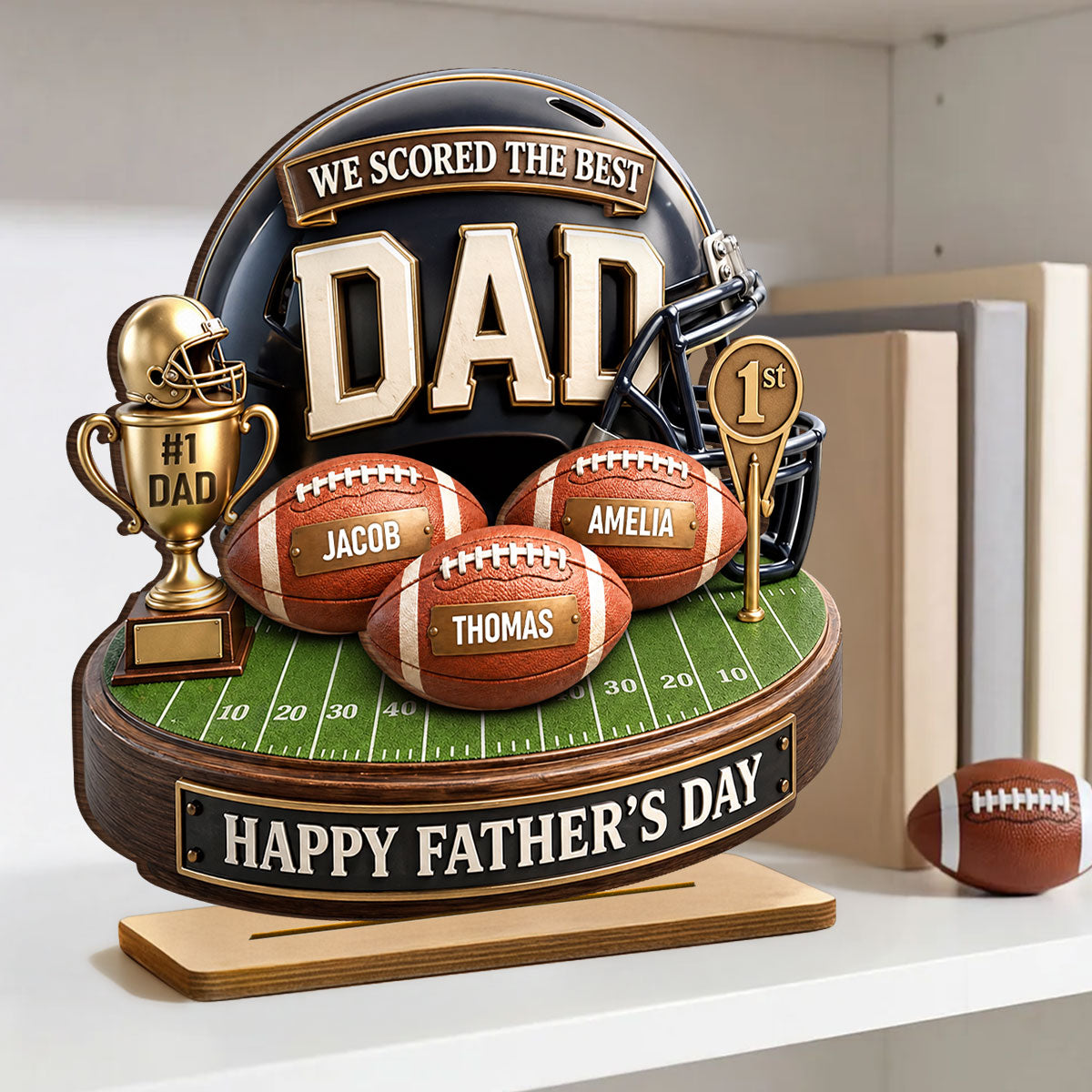 We Scored The Best Dad American Football Trophy - Personalized 2-Layered Wooden Plaque - Heartfelt Gift For Football Dad, Gift For Husband