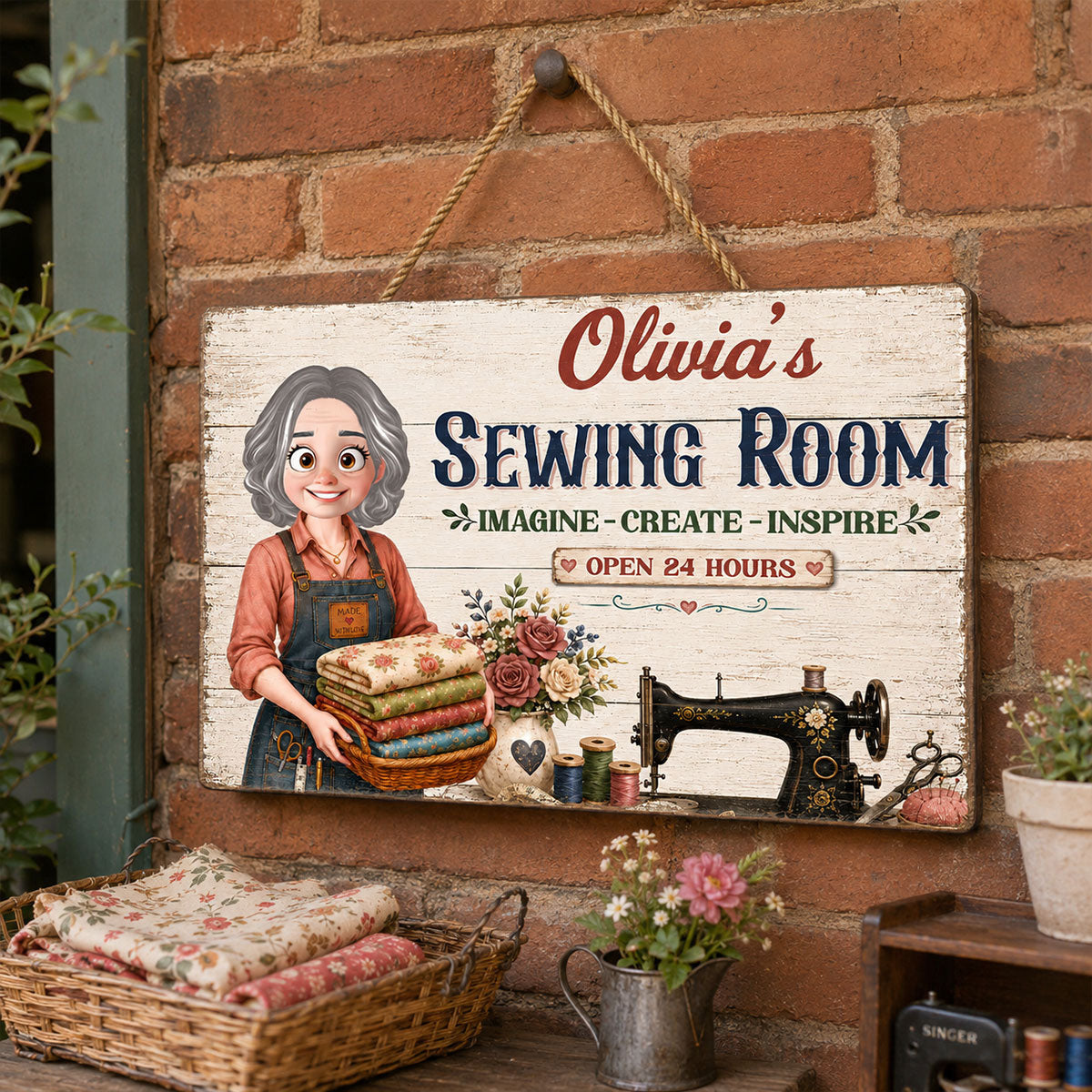 My Sewing Room Imagine Create Inspire Sewing Girl - Personalized Wooden Sign - Craft Room Decor