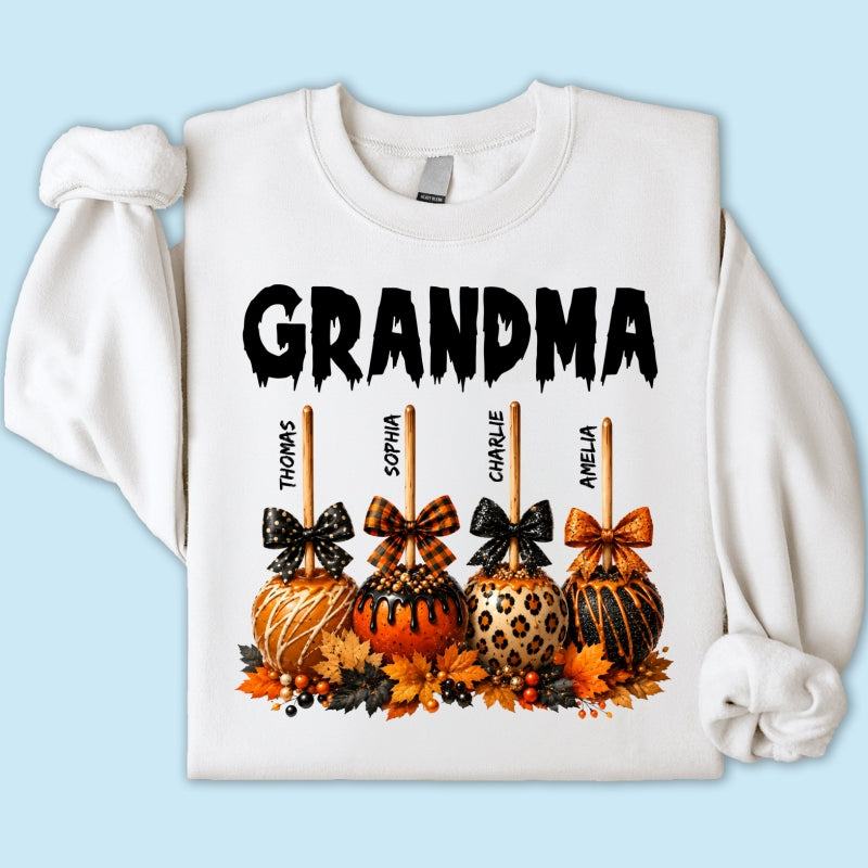 Trending Fall Season Halloween Grandma Fall Caramel Apples Custom Kids Names - Personalized Shirt - Fall Halloween Shirt For Grandma