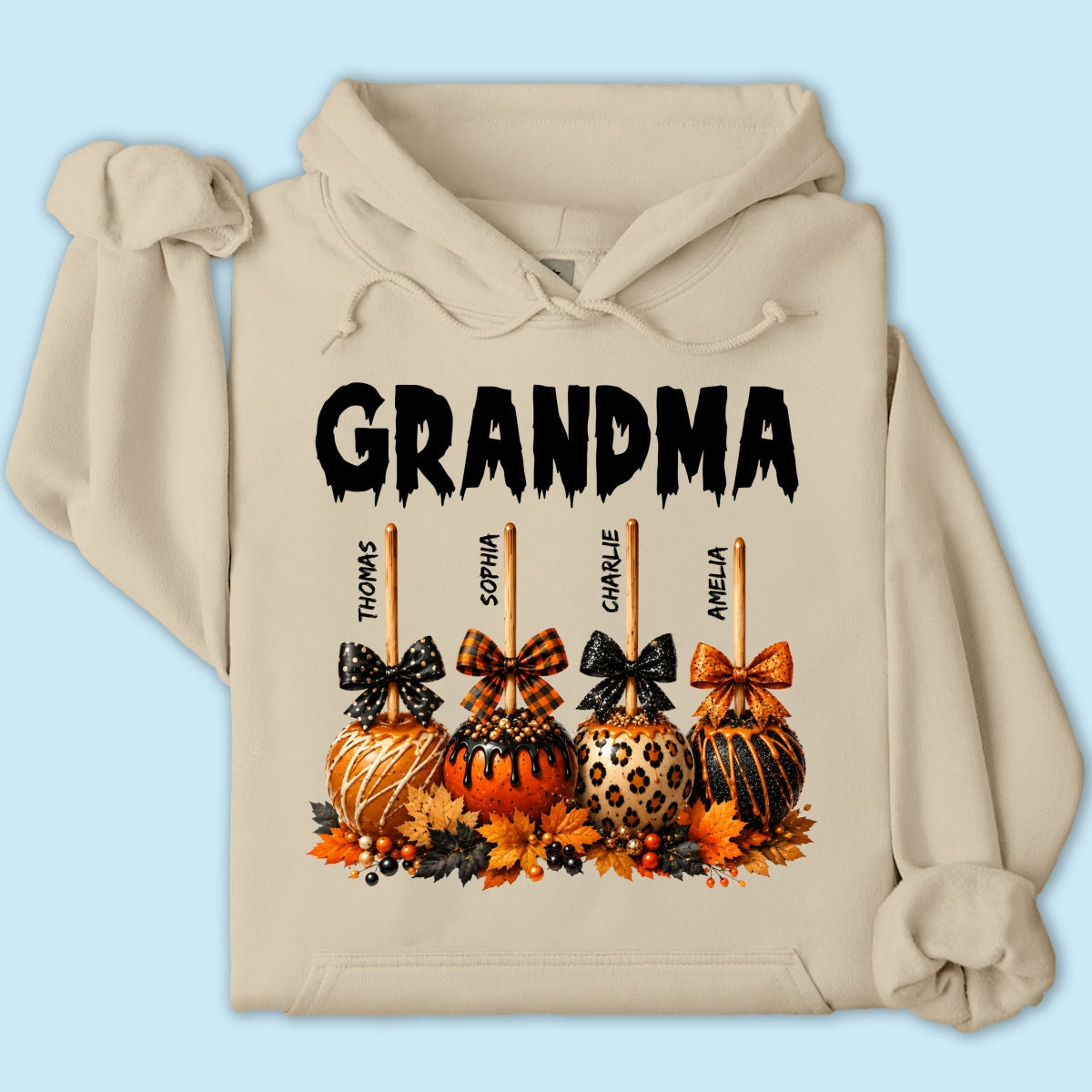 Trending Fall Season Halloween Grandma Fall Caramel Apples Custom Kids Names - Personalized Shirt - Fall Halloween Shirt For Grandma