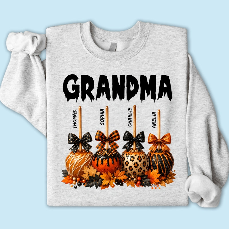 Trending Fall Season Halloween Grandma Fall Caramel Apples Custom Kids Names - Personalized Shirt - Fall Halloween Shirt For Grandma