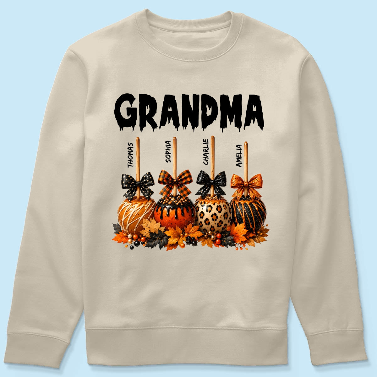 Trending Fall Season Halloween Grandma Fall Caramel Apples Custom Kids Names - Personalized Shirt - Fall Halloween Shirt For Grandma
