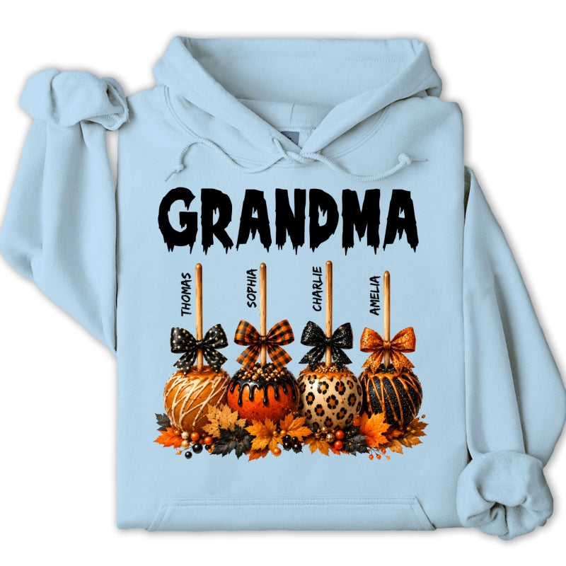 Trending Fall Season Halloween Grandma Fall Caramel Apples Custom Kids Names - Personalized Shirt - Fall Halloween Shirt For Grandma