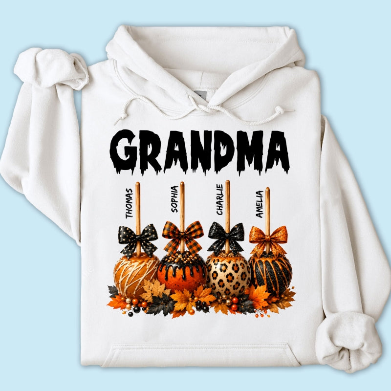 Trending Fall Season Halloween Grandma Fall Caramel Apples Custom Kids Names - Personalized Shirt - Fall Halloween Shirt For Grandma