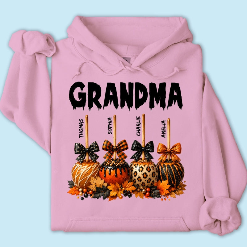 Trending Fall Season Halloween Grandma Fall Caramel Apples Custom Kids Names - Personalized Shirt - Fall Halloween Shirt For Grandma