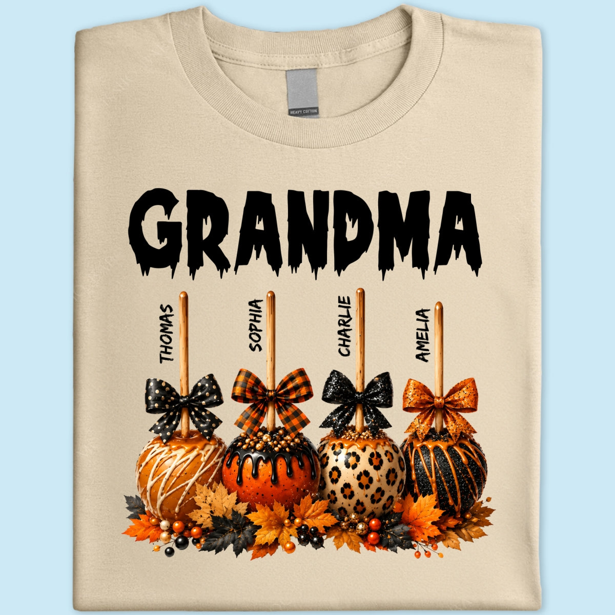 Trending Fall Season Halloween Grandma Fall Caramel Apples Custom Kids Names - Personalized Shirt - Fall Halloween Shirt For Grandma