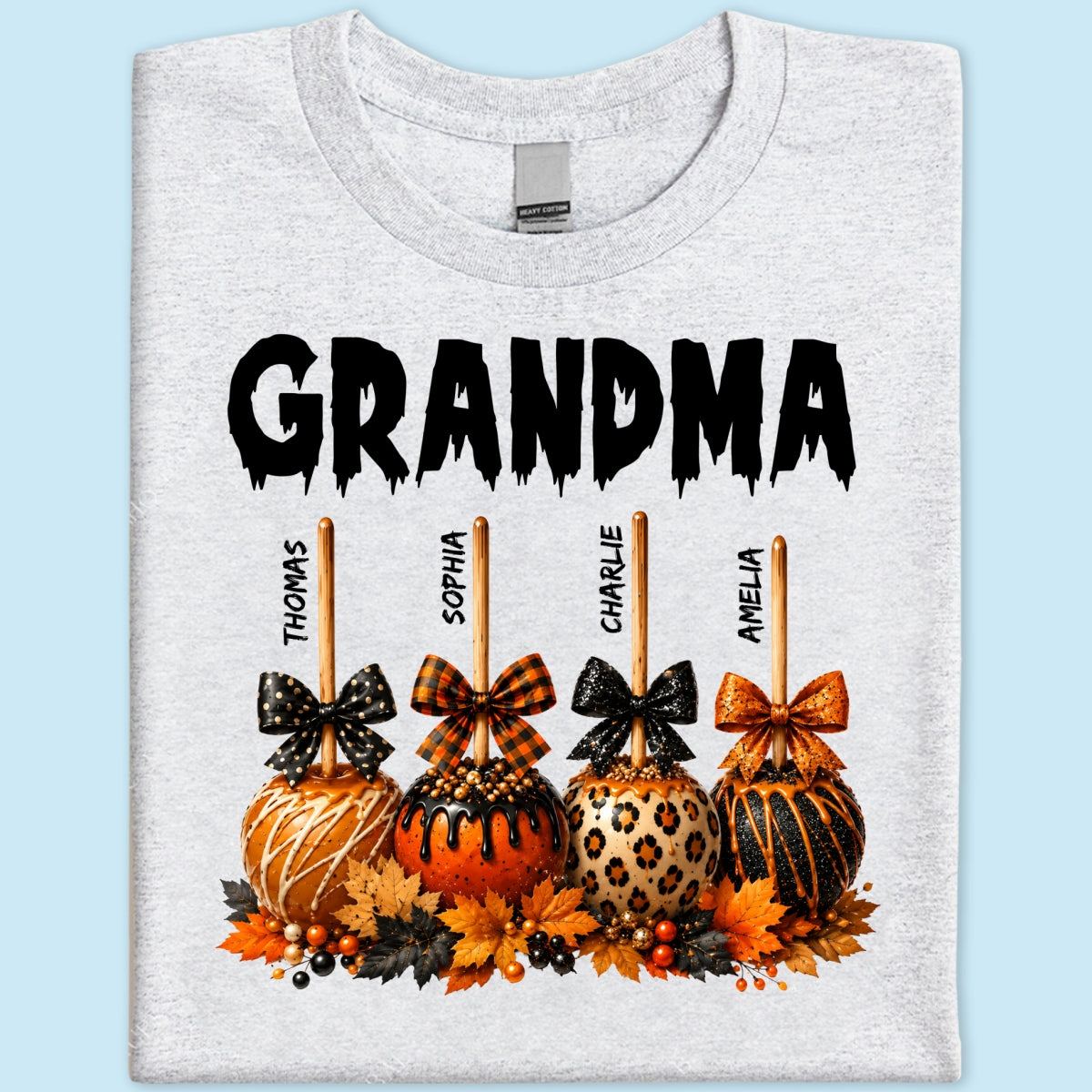 Trending Fall Season Halloween Grandma Fall Caramel Apples Custom Kids Names - Personalized Shirt - Fall Halloween Shirt For Grandma