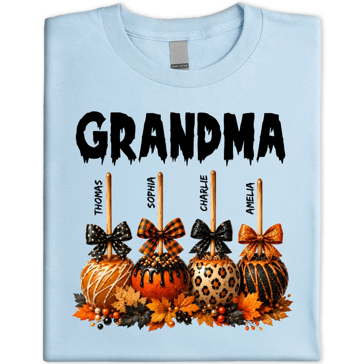 Trending Fall Season Halloween Grandma Fall Caramel Apples Custom Kids Names - Personalized Shirt - Fall Halloween Shirt For Grandma