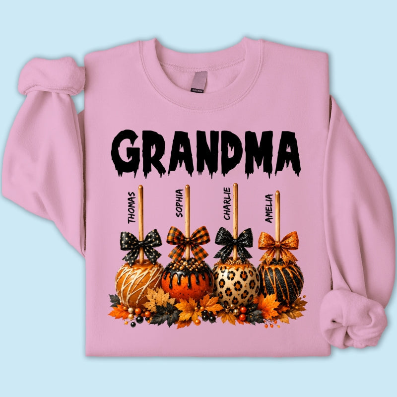 Trending Fall Season Halloween Grandma Fall Caramel Apples Custom Kids Names - Personalized Shirt - Fall Halloween Shirt For Grandma