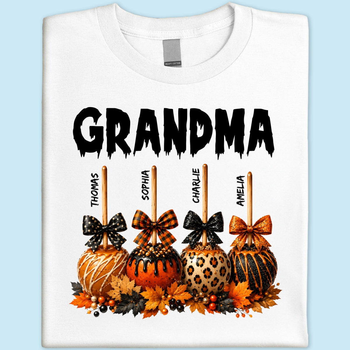 Trending Fall Season Halloween Grandma Fall Caramel Apples Custom Kids Names - Personalized Shirt - Fall Halloween Shirt For Grandma