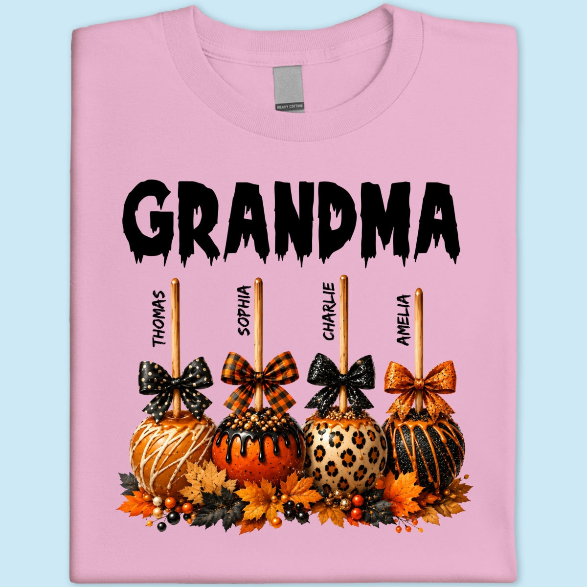 Trending Fall Season Halloween Grandma Fall Caramel Apples Custom Kids Names - Personalized Shirt - Fall Halloween Shirt For Grandma