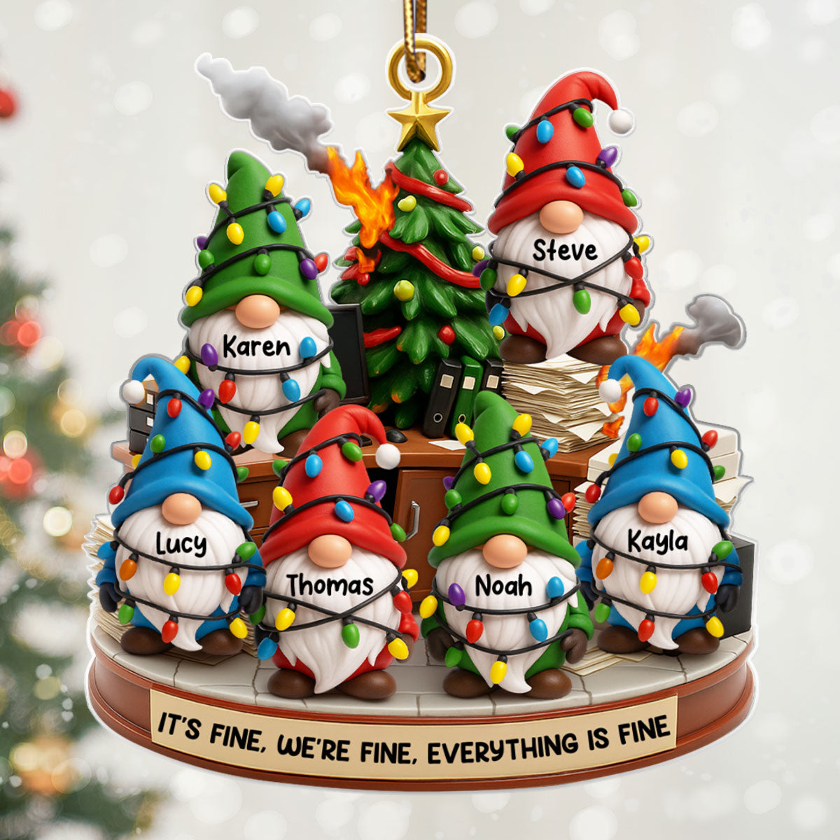 Office Chaos It's Fine We're Fine Gnome - Personalized Acrylic Ornament - Christmas Gift for Coworkers, White Elephant, Secret Santa Gift