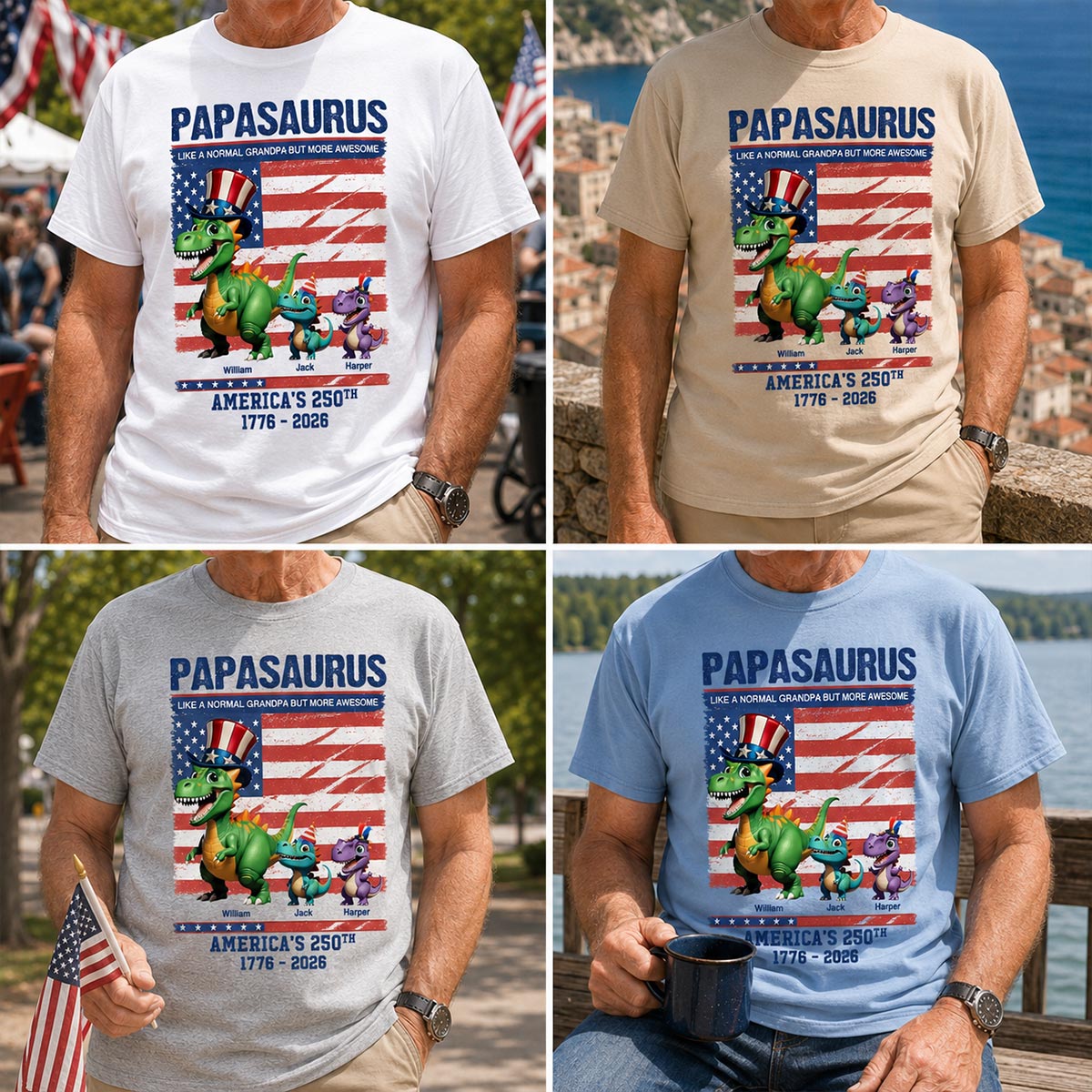 Grandpasaurus And Kids 3D Effect Dinosaurs - Personalized Shirt - American's 250th Anniversary Keepsake 4th Of July Independence Day Celebration