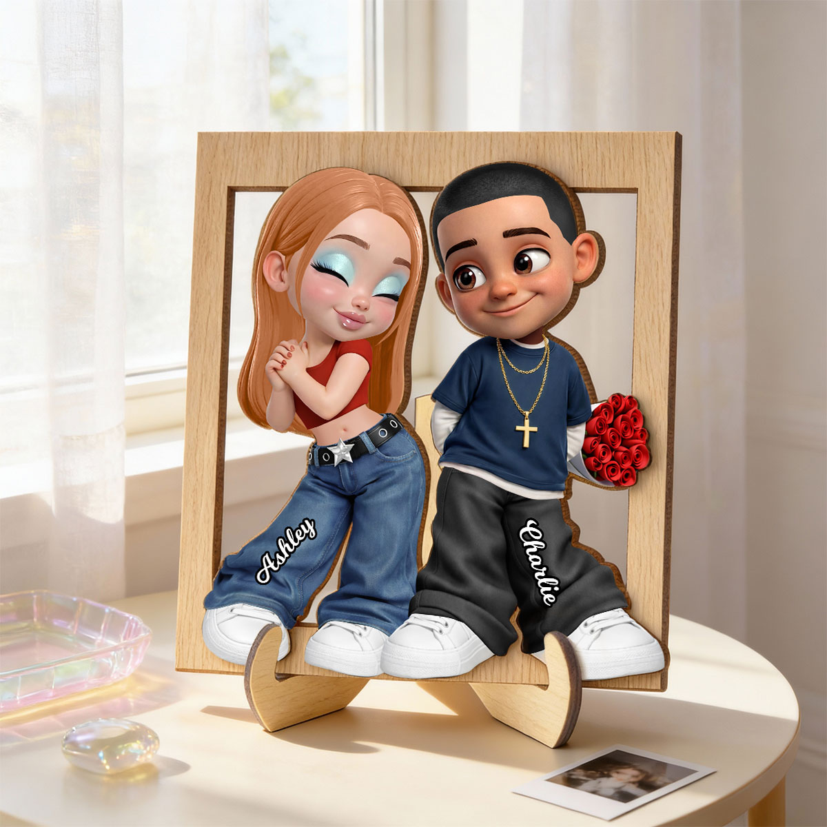 Trendy Y2K Couple Frame - Personalized 2-Layered Wooden Plaque - Heartfelt Valentine's Day Gift For Him, Gift For Her