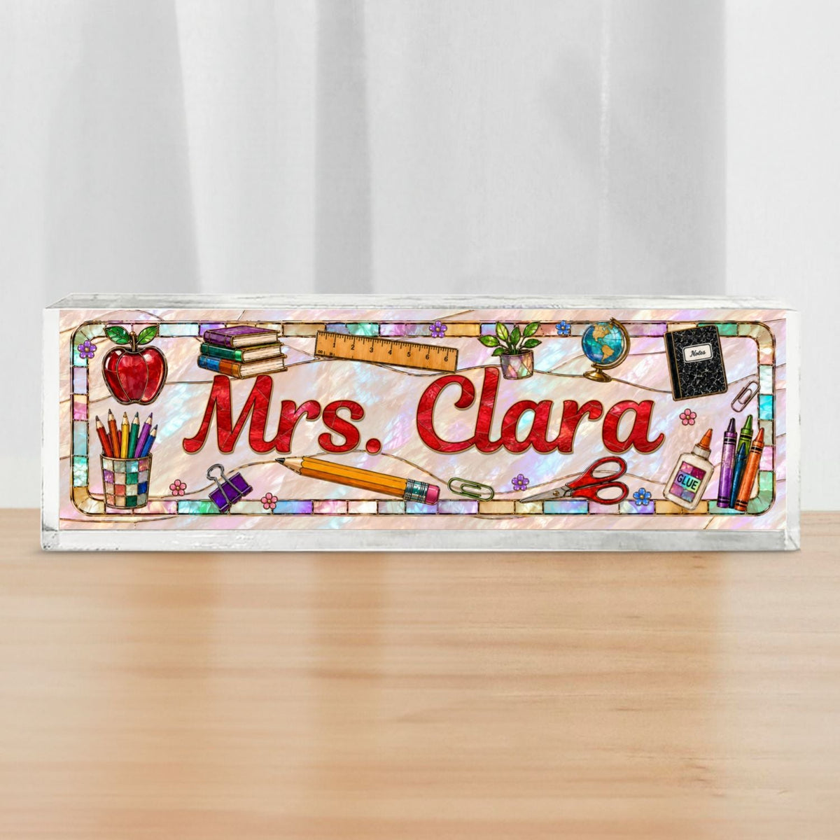 Teacher Name Faux Stained Glass - Personalized Acrylic Desk Name Plate – Classroom Desk Decor