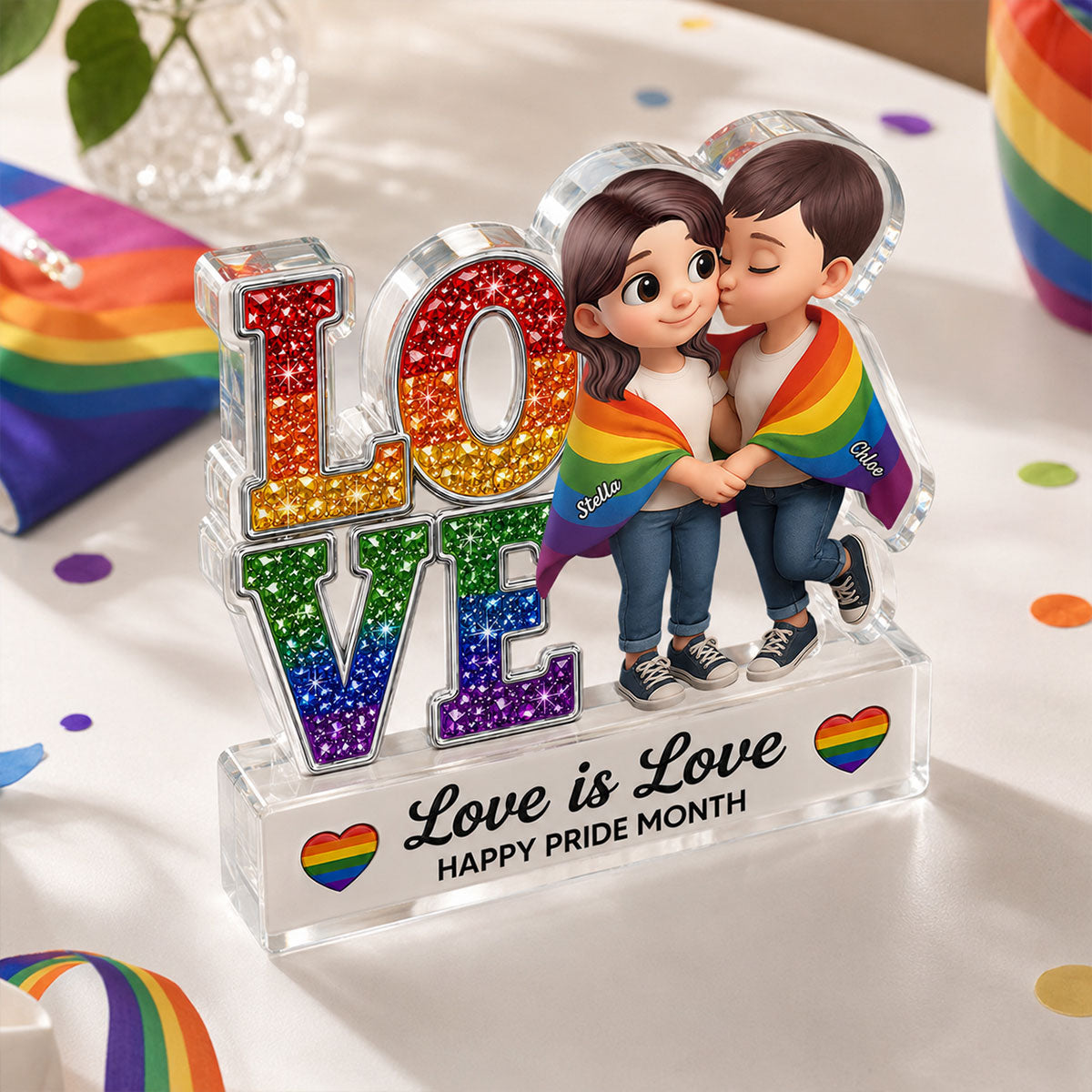 LGBT+ Couple Love Is Love - Personalized Acrylic Block Plaque - Gift For Couple, Happy Pride Month