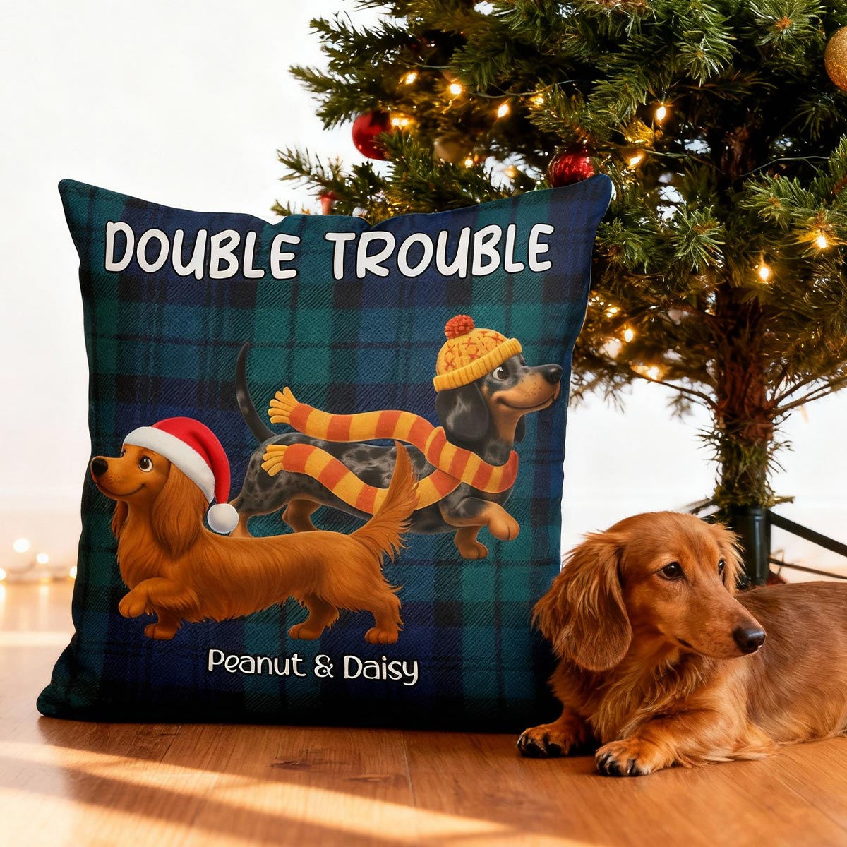 Christmas Dachshunds Double Trouble - Personalized Pillow - Gift For Dachshund Lovers