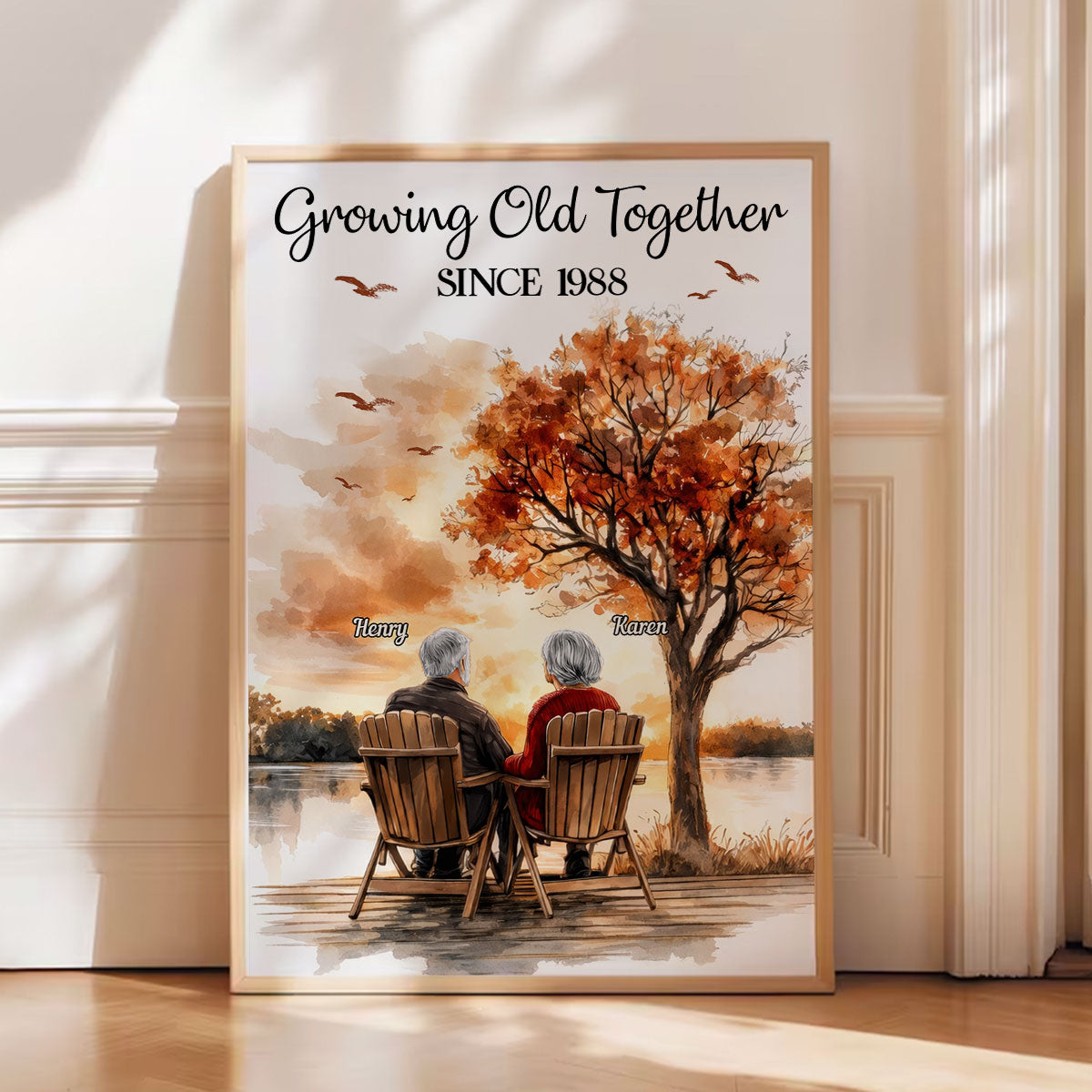 Romantic Old Couple At Park Bench - Personalized Poster - Anniversary, Valentine's Day Gift, Gift For Her, Gift For Him